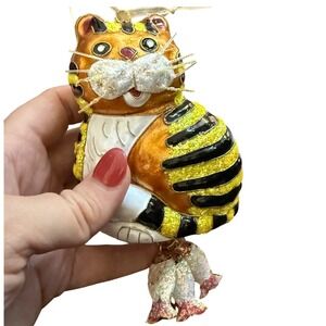 Michael Kors Blown Glass Cat Ornament Yellow Black Fish Dangle Holiday Christmas